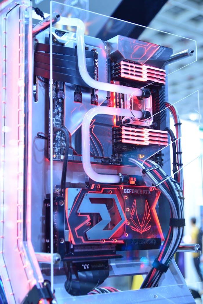 our-experience Close-up view of a custom gaming PC with water cooling and LED lights, highlighting advanced technology.