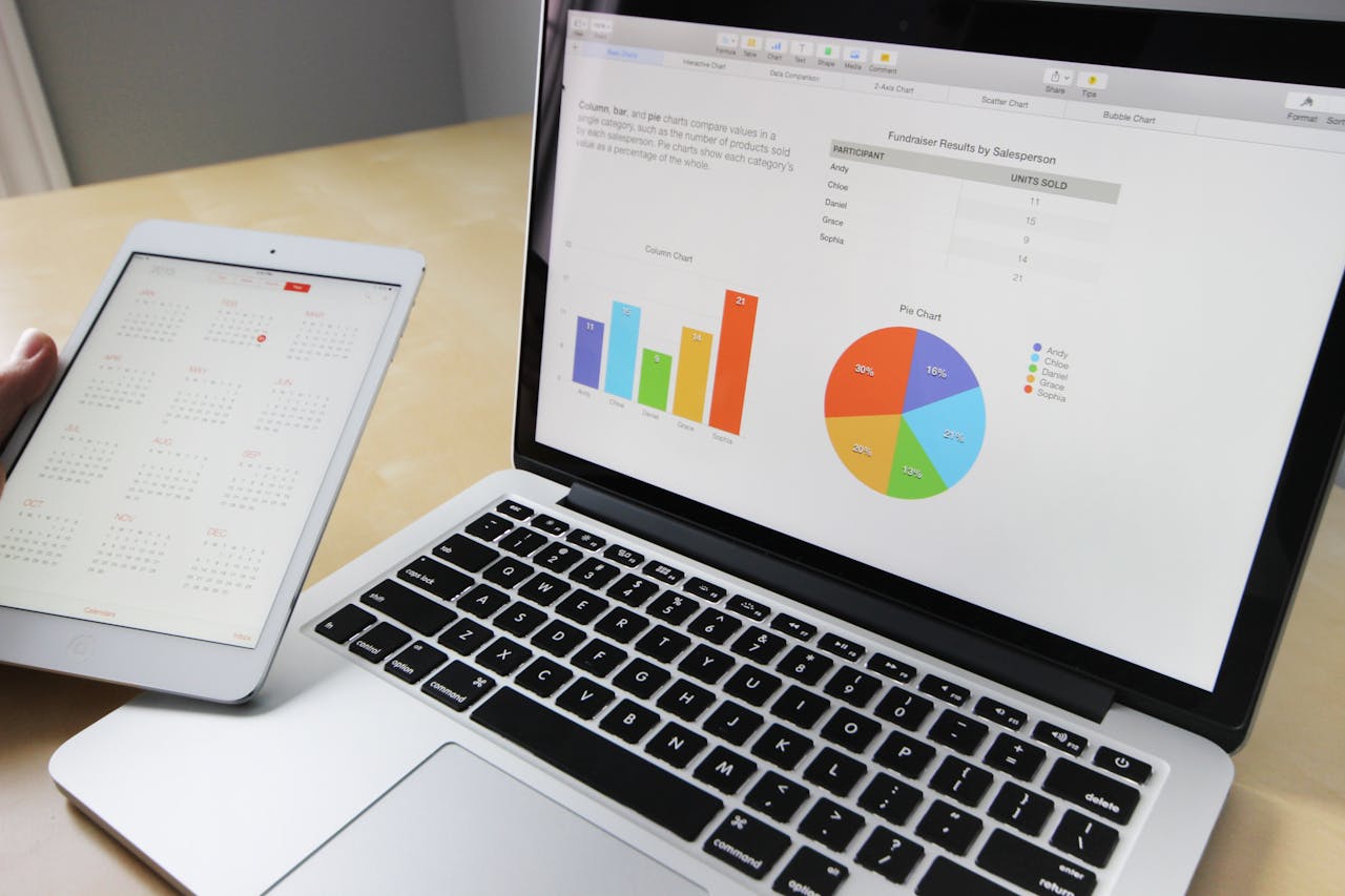 about-02 Laptop displaying charts and graphs with tablet calendar for data analysis and planning.
